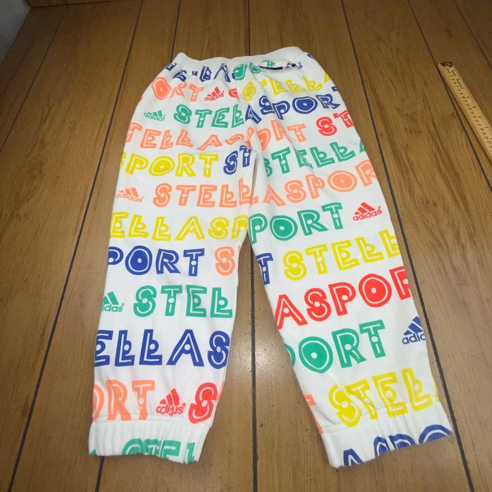 Adidas StellaSport Kids Joggers White Multicolor Logo Print Sweatpants AI8587 XS